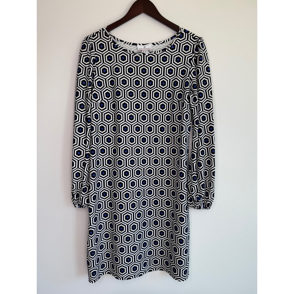 Jude Connally Chole Mod Geometric Shift Dress Women Sz L Black Blue White Retro